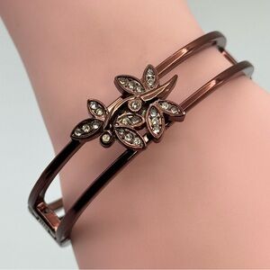 Elegant Copper Tone Crystal Floral Cuff Bracelet Hinged Bangle NEW